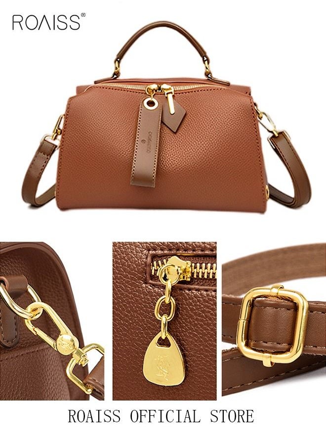 roaiss - Women's New Fashion Bags Soft Leather Simple Classic Crossbody Bag Double Layer Compartment Zippers Closure Handbag Boston Bag - Image 1