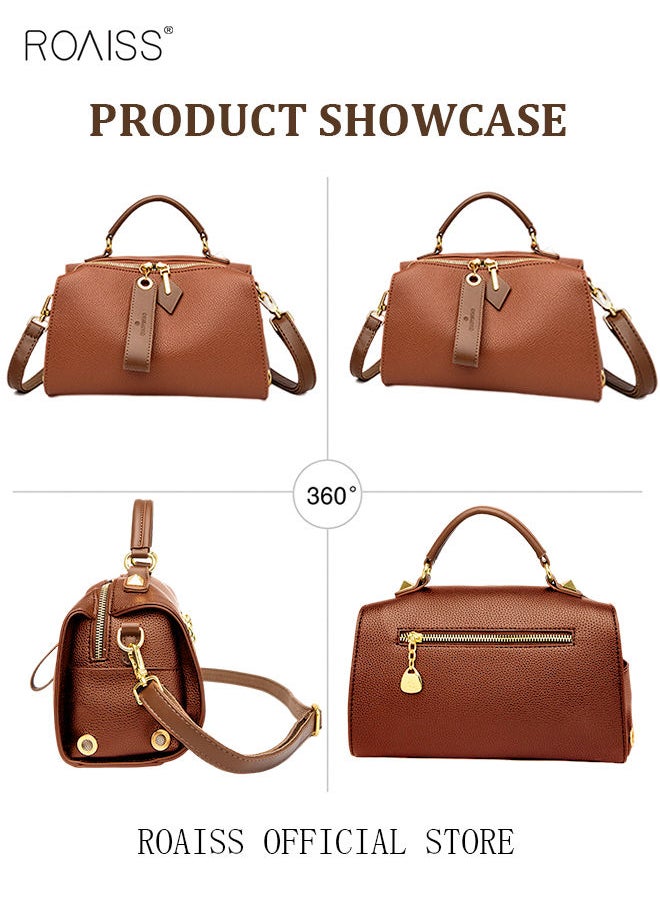 roaiss - Women's New Fashion Bags Soft Leather Simple Classic Crossbody Bag Double Layer Compartment Zippers Closure Handbag Boston Bag - Image 1