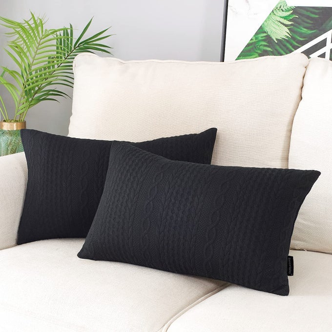RECTANGULAR THROW PILLOW COVERS PACK OF 2 SUPER SOFT ELEGANT MODERN KNIT LUMBER BLACK CUSHION COVERS OBLONG PILLOWCASES FOR SOFA BED CAR CHAIR 12 X 20 INCH BLACK