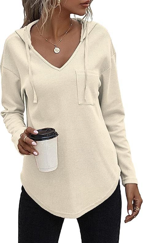 Womens V-Neck Hoodie Waffle Knit Sweatshirt with Pockets Apricot 
