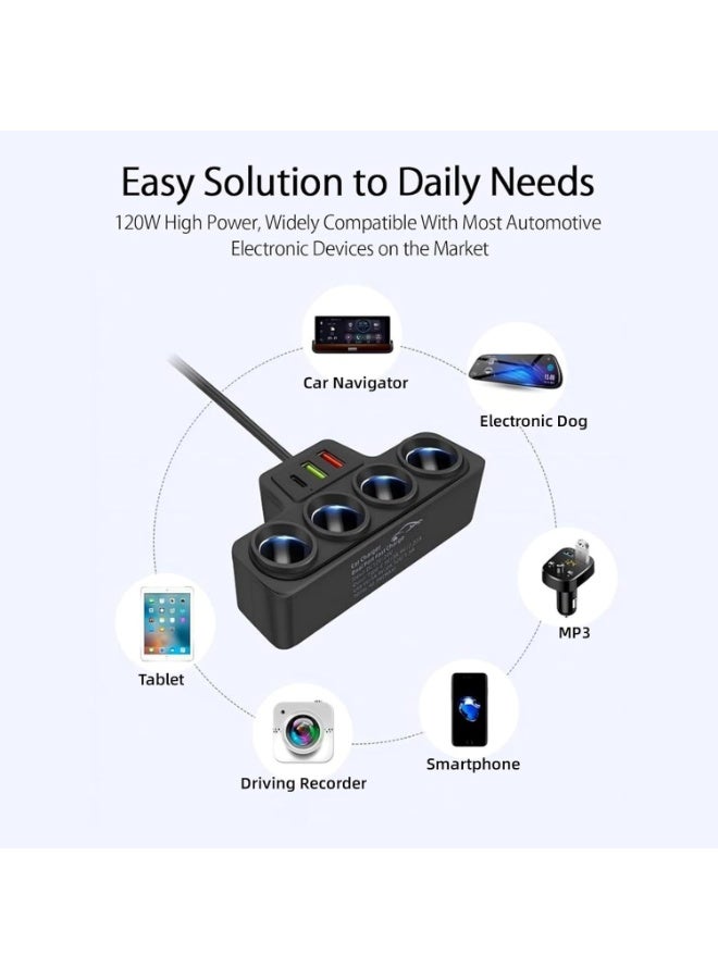 KENSUO Leehitech 7 in 1 Cigarette Lighter USB Charger, 120W Car Charger Spliter Adapter with 4 Sockets & 3 USB Ports (QC 3.0+USB 3.1+PD 3.1) Quick Charging for 12V/24V Car Devices, Phones, Laptop, iPad - Image 3