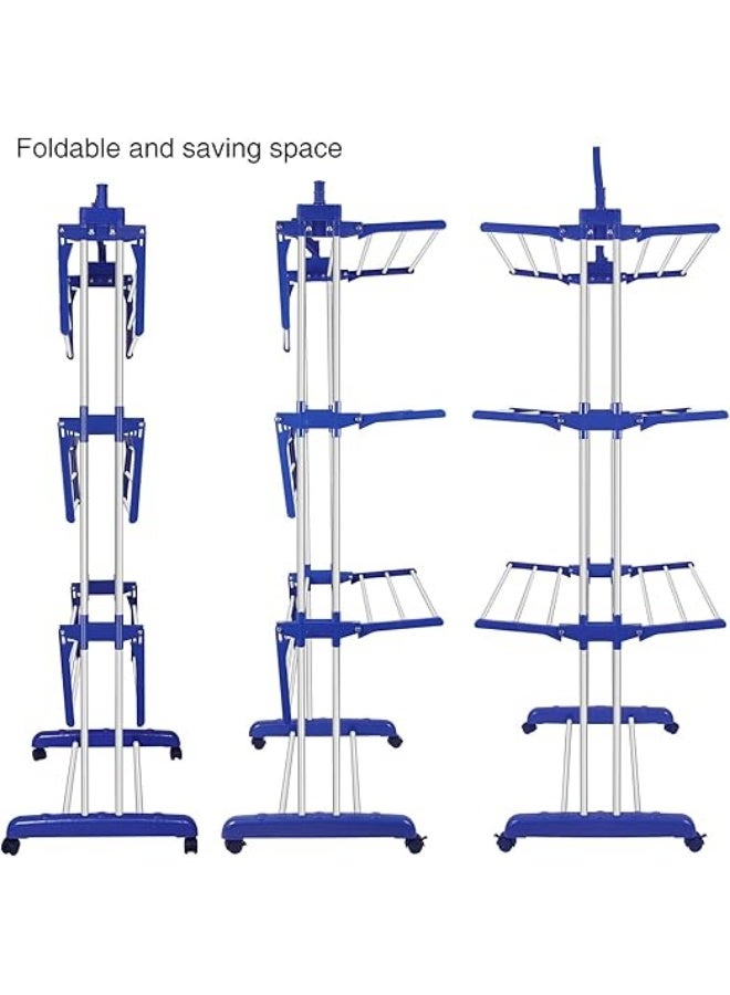 منشر ملابس وتجفيف ملابس قابل للطي من 3 طبقات من الستانلس ستيل مع جناحين جانبيين وعجل لسهولة الحركة - Image 4