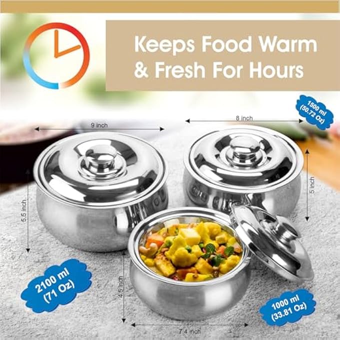 rayihni Signora Ware Large Insulated Casserole Dish With Lid Set Of 3 Stainless Steel Hot Pot Food WarmerCooler Thermal SoupSalad Serving Bowl Stainless Steel Hot Food ContainerBest Gift Set For Moms - Image 4