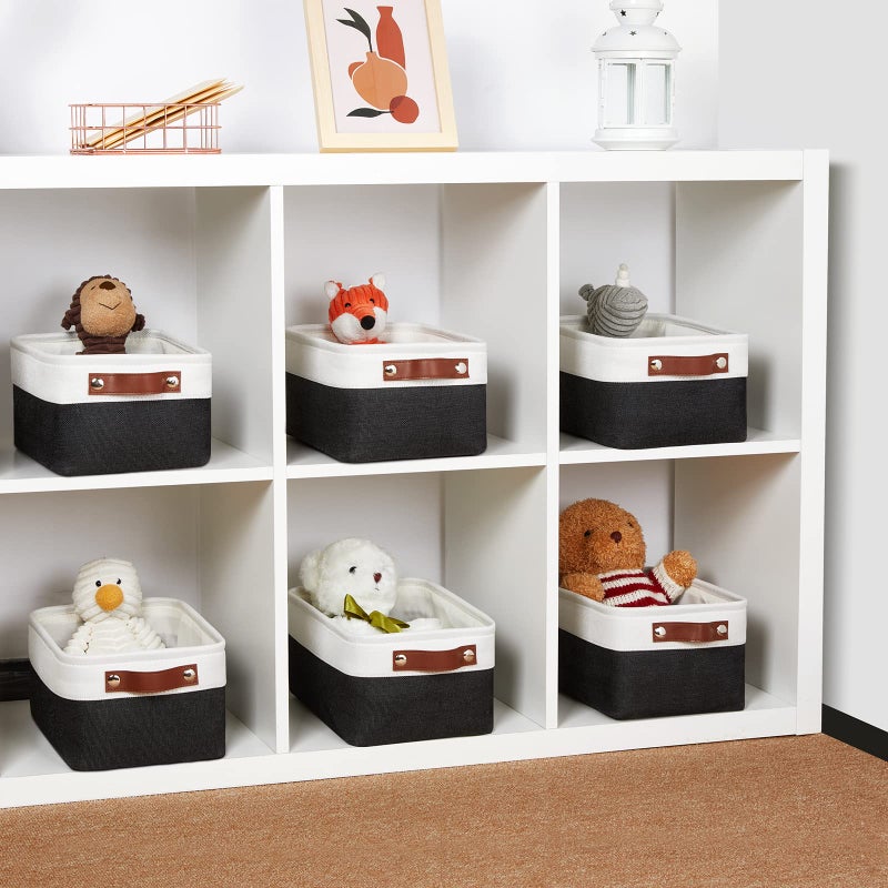 DULLEMELO Small Storage Baskets 6 Pack  Fabric Collapsible Gift Storage Baskets for Shelves  Closets  Nursery  Home  Office Organizing Small Canvas Linen Rectangular Storage Bins (White&Black) - Image 4