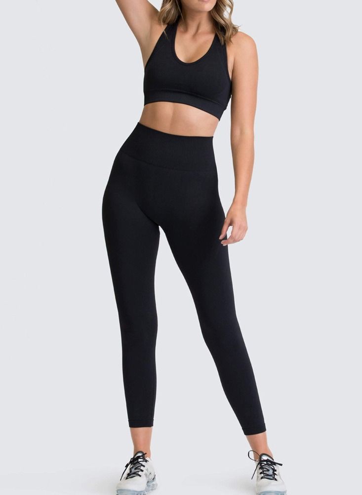 Loquat Fitness Back Bra Solid Color Sports Set Black - Image 1