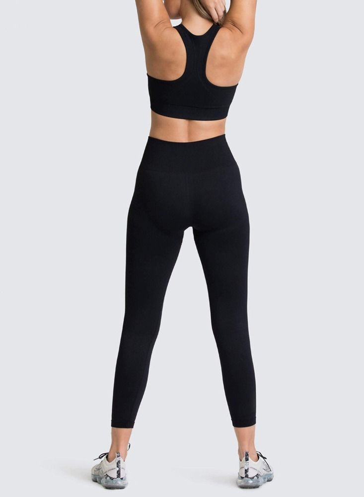 Loquat Fitness Back Bra Solid Color Sports Set Black - Image 3