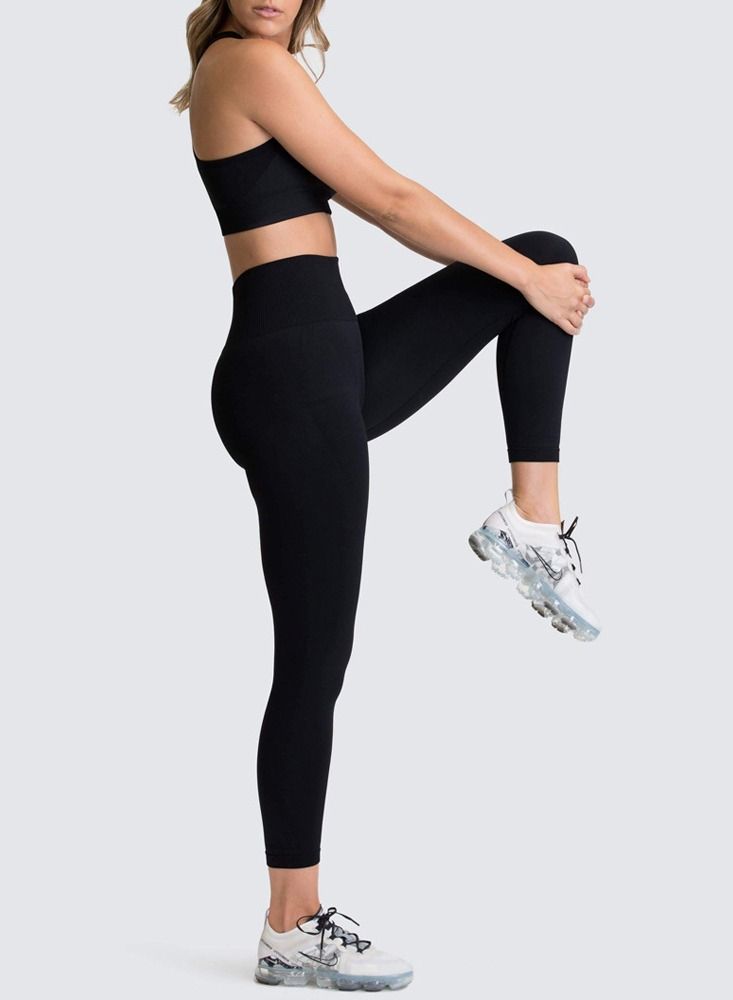 Loquat Fitness Back Bra Solid Color Sports Set Black - Image 2