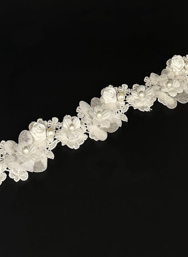 URIMPAVIDO 1 Yard Vintage Flower White Pearl Bead Lace Trim Ribbon Floral Appliques Embroidered Lace Fabric for Sewing Craft Wedding Bridal Dress Clothes Costume Hat Decoration (White, 1 Yard) - Image 1