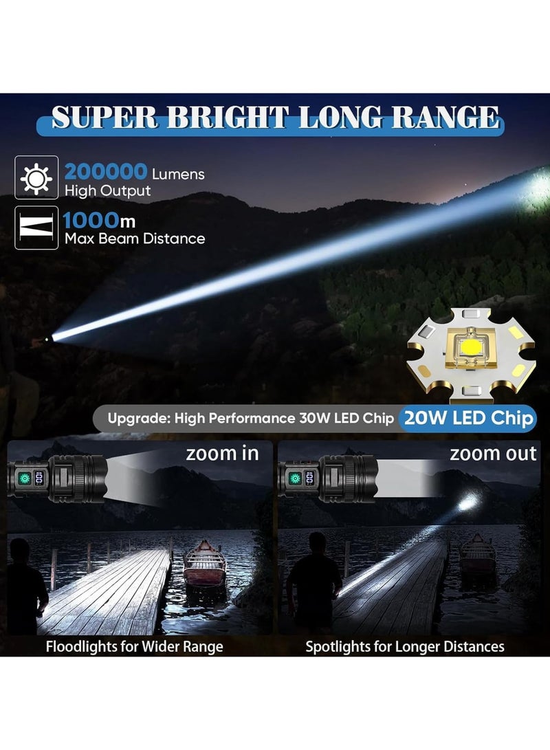 LED Torch Rechargeable Flashlights High lumens, Super Bright 200000LM Flashlight with Digital Power Display and 5 Modes, Waterproof Zoomable Flashlight for Emergency, Outdoor - Image 2