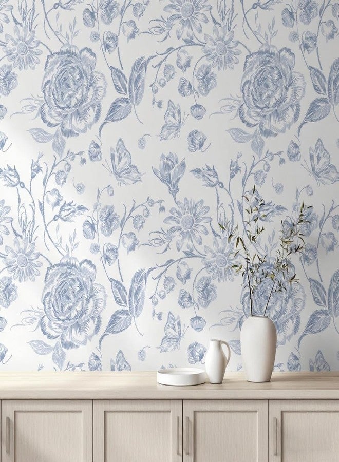 Micpolo Peel and Stick Wallpaper Floral Wall Paper Boho Embroidered Contact Paper Bedroom Bathroom Wallpaper Navy Blue and White Removable Self-Adhesive Kitchen Wall Decor Vinyl Roll 17.3" x 78" - Image 1