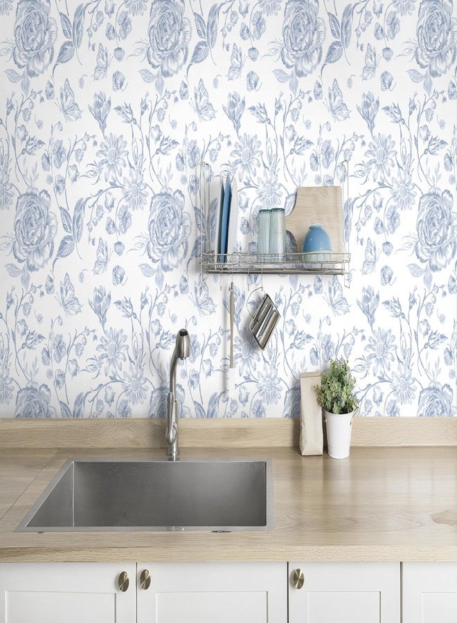 Micpolo Peel and Stick Wallpaper Floral Wall Paper Boho Embroidered Contact Paper Bedroom Bathroom Wallpaper Navy Blue and White Removable Self-Adhesive Kitchen Wall Decor Vinyl Roll 17.3" x 78" - Image 2