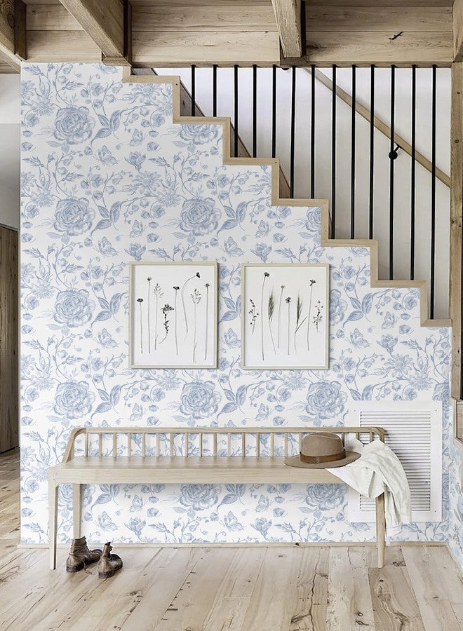 Micpolo Peel and Stick Wallpaper Floral Wall Paper Boho Embroidered Contact Paper Bedroom Bathroom Wallpaper Navy Blue and White Removable Self-Adhesive Kitchen Wall Decor Vinyl Roll 17.3" x 78" - Image 3