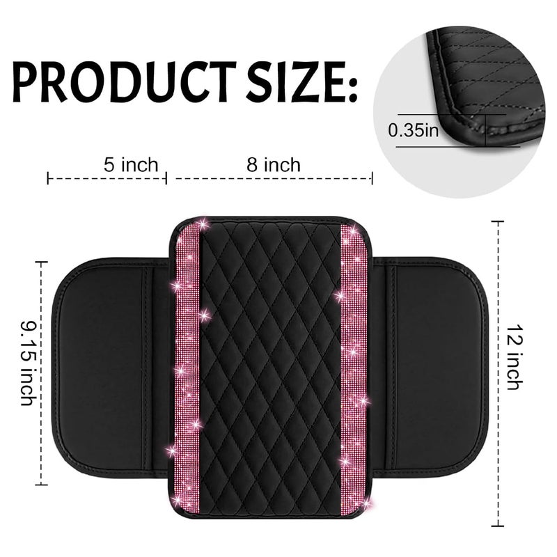 NBTEPEM Bling Car Center Console Cover, Leather Car Arm Rest Cover Cushion with 2 Storage Bags, Universal Automotive Armrest Protector Storage Box, Bling Accessories Interior for Most Vehicles (Pink) - Image 3