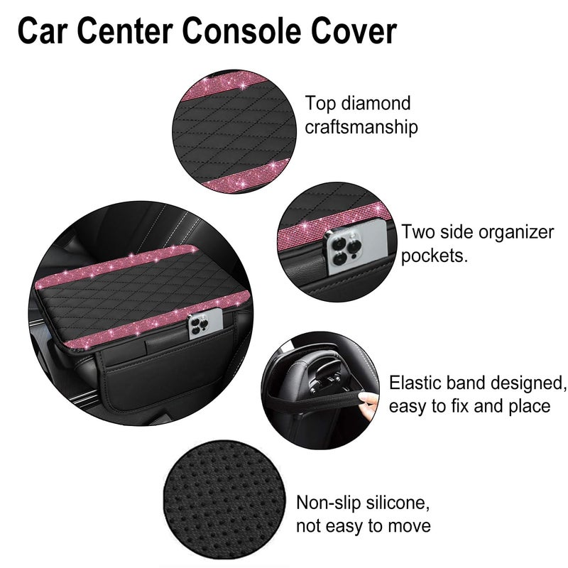 NBTEPEM Bling Car Center Console Cover, Leather Car Arm Rest Cover Cushion with 2 Storage Bags, Universal Automotive Armrest Protector Storage Box, Bling Accessories Interior for Most Vehicles (Pink) - Image 2