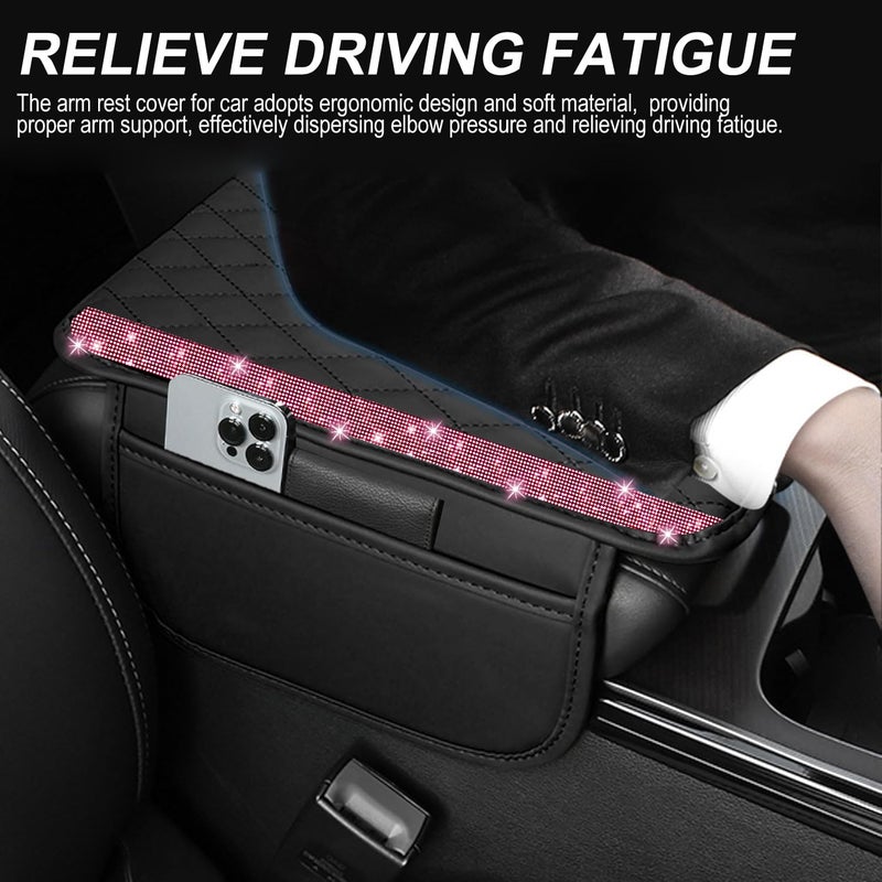 NBTEPEM Bling Car Center Console Cover, Leather Car Arm Rest Cover Cushion with 2 Storage Bags, Universal Automotive Armrest Protector Storage Box, Bling Accessories Interior for Most Vehicles (Pink) - Image 4