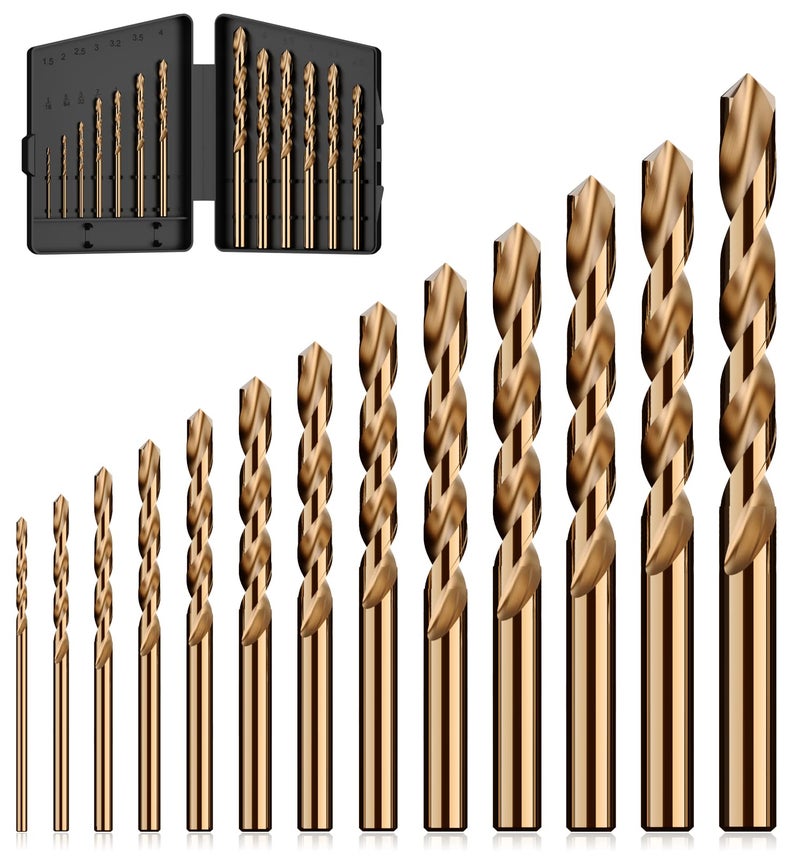 MACXCOIP Cobalt Drill Bit Set, 13Pcs M35 High Speed Steel Jobber Length Drill Bit Kit for Hardened Metal, Stainless Steel, Cast Iron, Wood and Plastic, with Index Storage Case, 1/16"-1/4" - Image 1