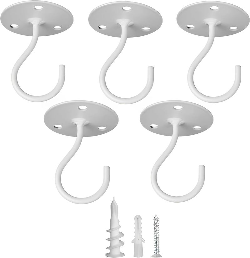 LangPu Ceiling Hooks for Hanging Plants- Metal Heavy Duty Wall Mounted Hangers for Hanging Bird Feeders, Planters, Wind Chimes, Include Professional Drywall Anchors (5 Pack) (Bright White) - Image 1