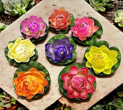 Sesonby Set of 2 Small Artificial Fake Floating Flowers Lotus Water Lily Plants Garden Tank Pond Decor Diwali Decoration Festival Decoration Assorted Colours - Image 1