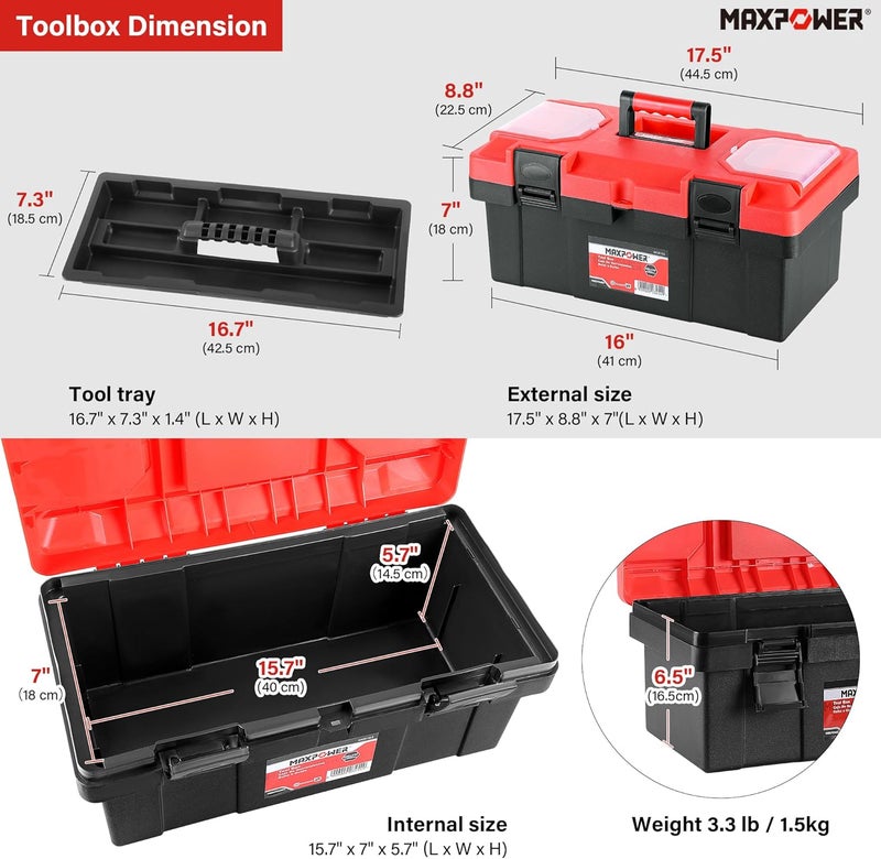 Max Power 17 inch Tool Box, Small Plastic Toolbox with Handle, Removable Tray and Lockable Latches - Image 2