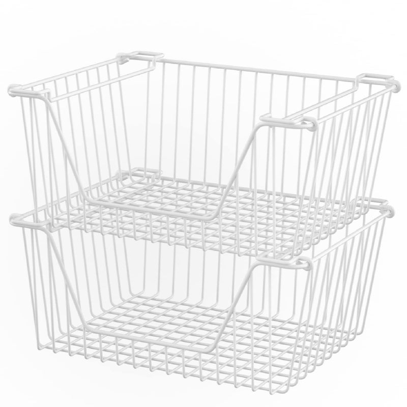 Slideep 14 Large Stackable Storage Baskets Cabinet Organizer Sturdy Metal Wire Pantry Freezer Bin for Pantry Home Bathroom Kitchen Organization White  2 Pack