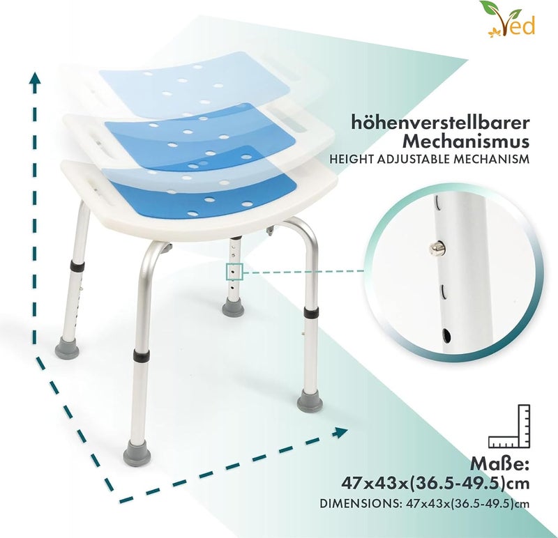 VED Adjustable Non-Slip Shower Stool – Lightweight Rust-Free Aluminium Bath Chair for Elderly, Disabled, Pregnancy, Post Surgery, 14.96 to 20.07 inch (38 to 51 cm) - Image 5