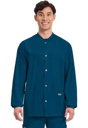 Cherokee Men’s Scrub Jacket Snap Front Medical with 3 Pockets, Knit Cuffs, Soft Fade Resistant 2-Way Stretch - WW360, XL, Caribbean Blue - Image 2