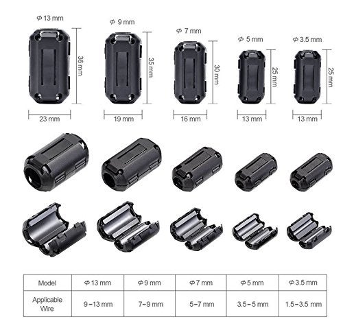 FORSUN 20 Pcs Snap on Ferrite Core Cord Ring RFI EMI Noise Filter Suppressor Cable Clip for 3.5mm/5mm/7mm/9mm/13mm Diameter Cable, Black - Image 3