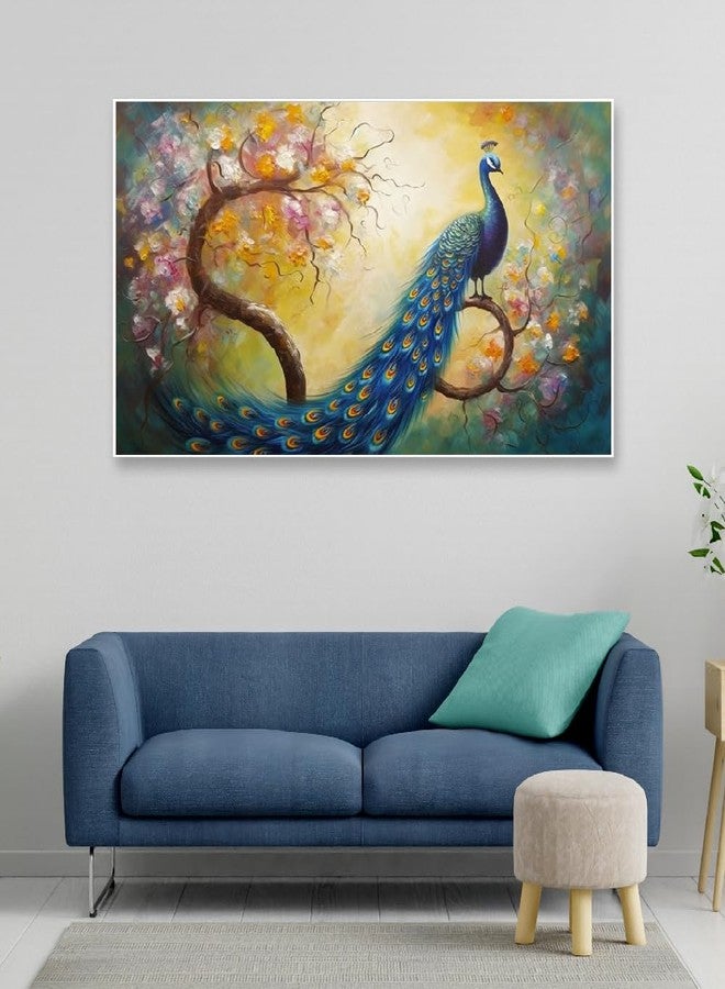 DEKORSTATION Beautiful Peacock Bird Canvas Painting for Wall Decoration | Vastu Painting for Living Room | Peacock Wall Painting | Canvas Paintings with Frame | Size: 18x36 Inch - Image 1
