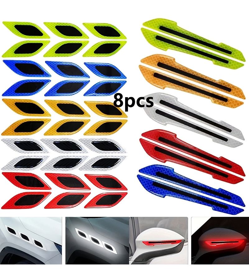 6pcs Front Side White Car Reflective Stickers And 2pcs Carbon Fiber Rearview Mirror Decorative Protective Stickers Creative Car Accessories - Image 1