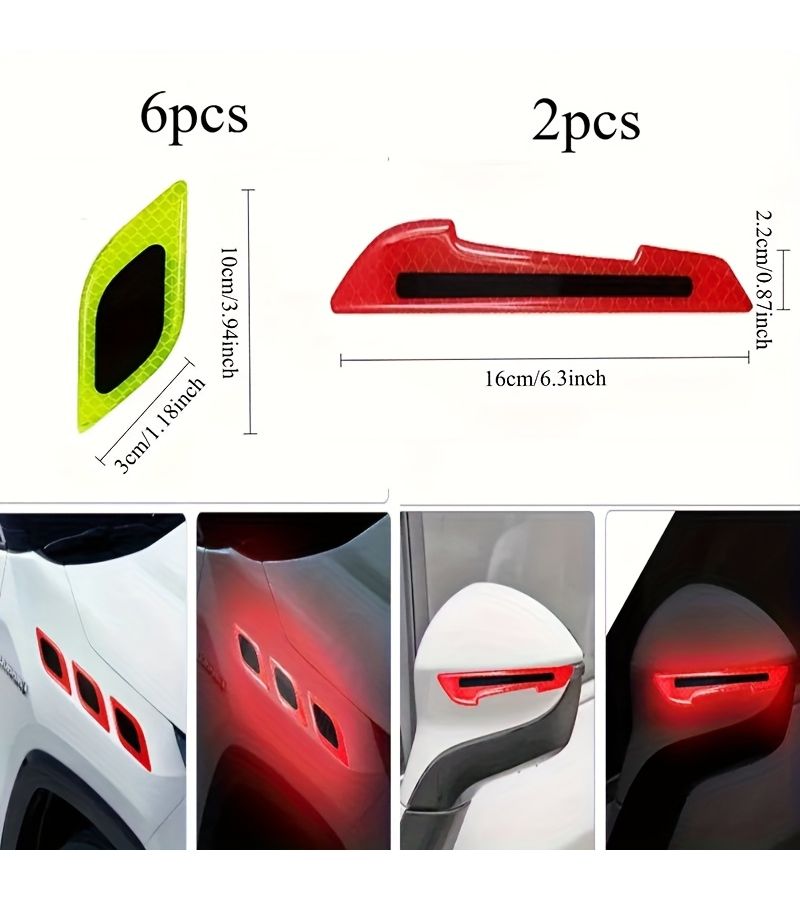 6pcs Front Side White Car Reflective Stickers And 2pcs Carbon Fiber Rearview Mirror Decorative Protective Stickers Creative Car Accessories - Image 2