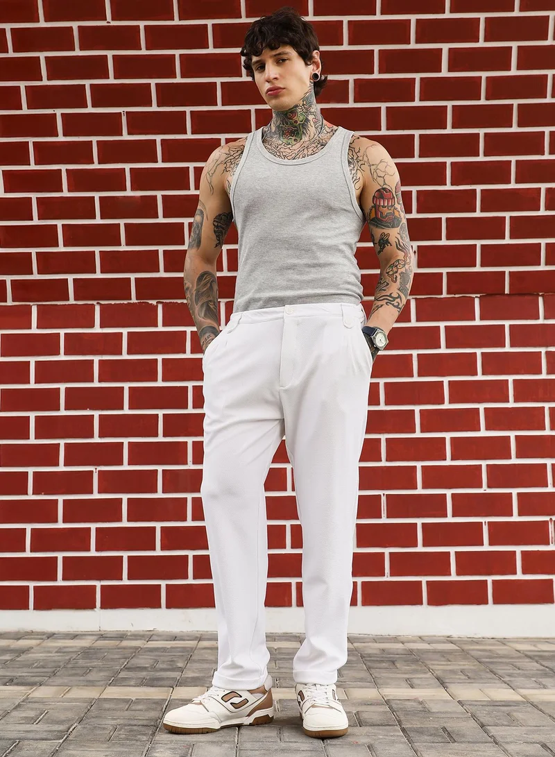 Campus Sutra Campus Sutra Men's Cloud White Twill Chino Trousers | Mid-Rise , Cuffed Hem , Button Closure , Tapered-Fit | Solid Twill | Polyester Blend Trouser For Casual Wear