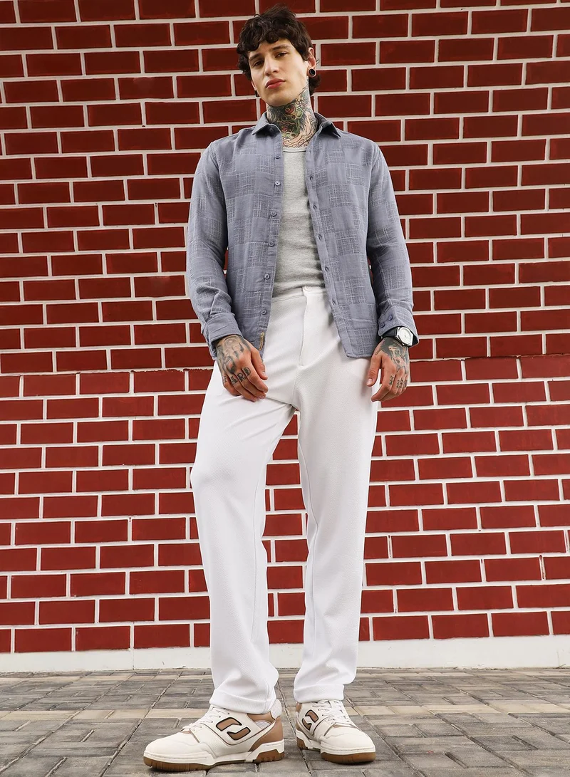 Campus Sutra Campus Sutra Men's Cloud White Twill Chino Trousers | Mid-Rise , Cuffed Hem , Button Closure , Tapered-Fit | Solid Twill | Polyester Blend Trouser For Casual Wear