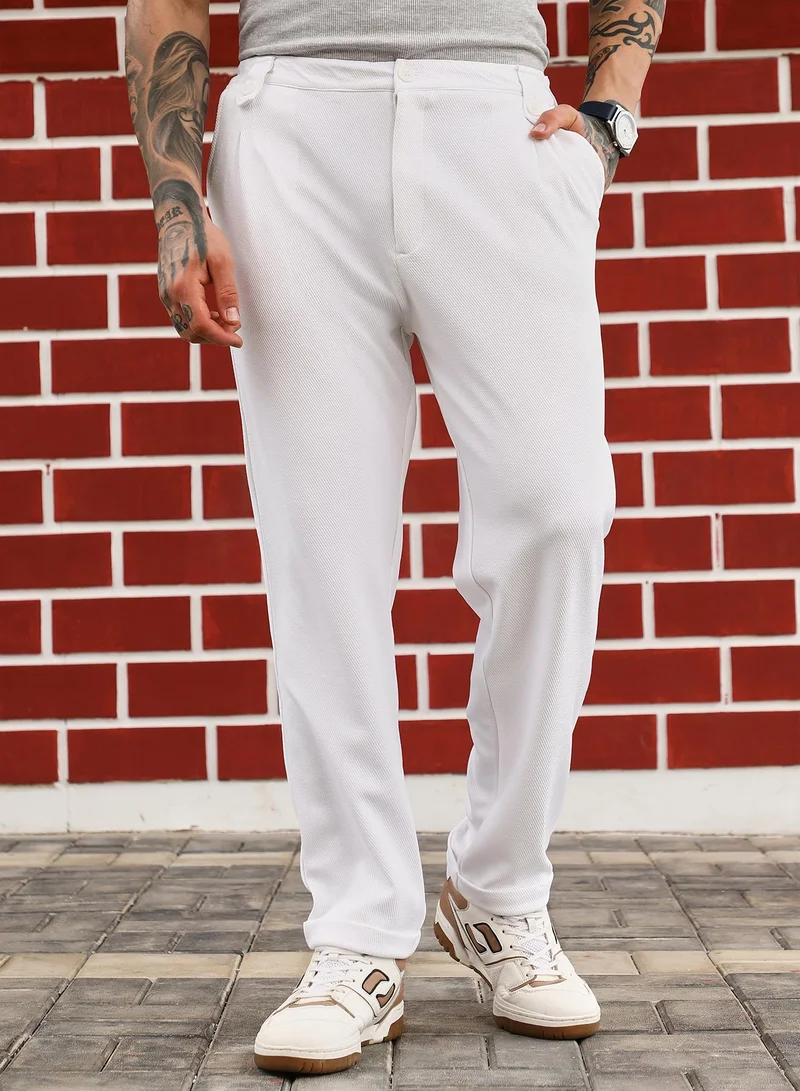 Campus Sutra Campus Sutra Men's Cloud White Twill Chino Trousers | Mid-Rise , Cuffed Hem , Button Closure , Tapered-Fit | Solid Twill | Polyester Blend Trouser For Casual Wear