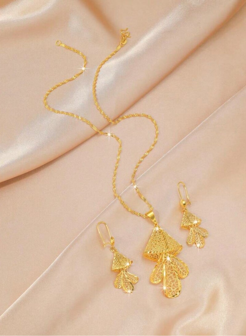 18k Gold Plated Necklace & Earrings Jewelry Set For Women