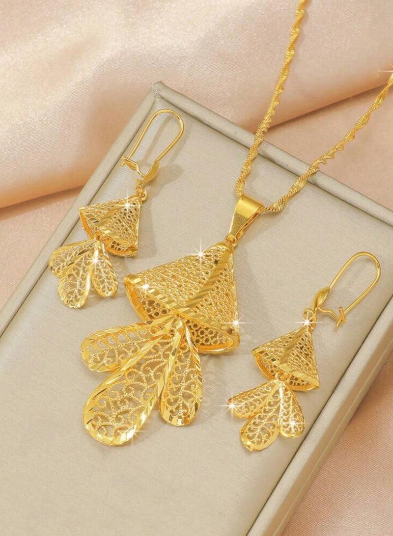 18k Gold Plated Necklace & Earrings Jewelry Set For Women