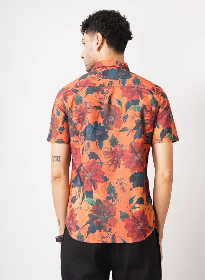 The Indian Garage Co Men Slim Fit Floral Printed Half Sleeves Spread Collar Resort Wear Shirt