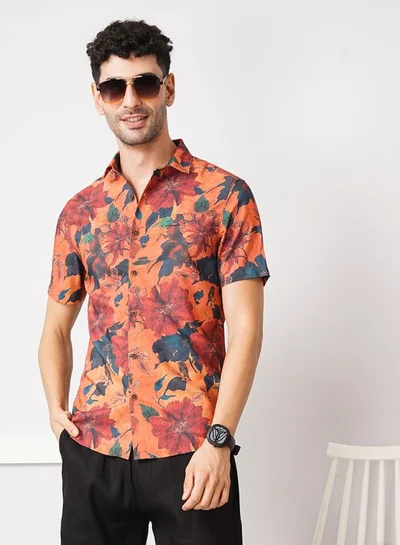 The Indian Garage Co Men Slim Fit Floral Printed Half Sleeves Spread Collar Resort Wear Shirt