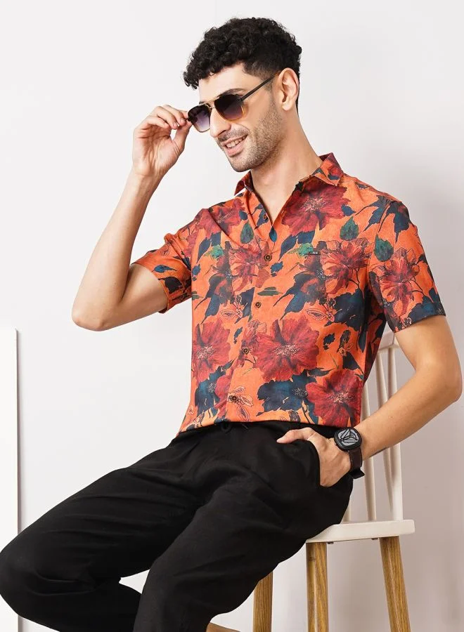 The Indian Garage Co Men Slim Fit Floral Printed Half Sleeves Spread Collar Resort Wear Shirt
