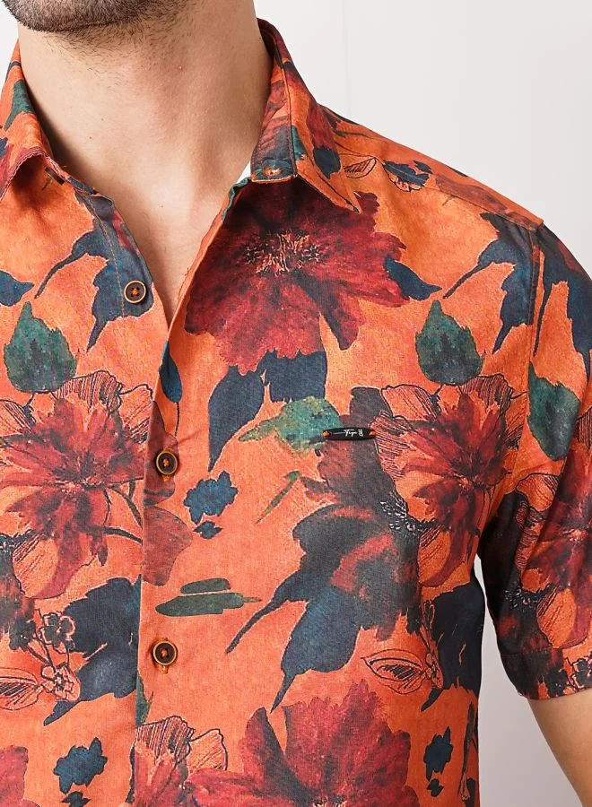 The Indian Garage Co Men Slim Fit Floral Printed Half Sleeves Spread Collar Resort Wear Shirt