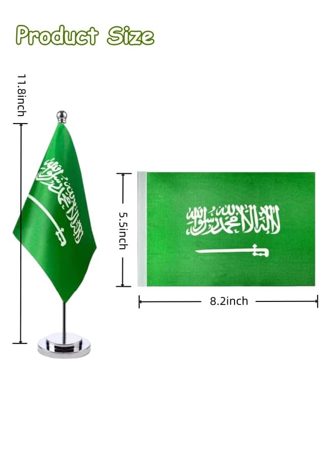 علم سعودي لسطح المكتب بقاعدة فضية فاخرة من DeluxeUSA - أعلام طاولة للمملكة العربية السعودية، علم سعودي صغير جدًا على عصا لسطح المكتب مع قاعدة، ديكور لحفلات المهرجانات الدولية وحفلات المملكة العربية السعودية، ديكور لسطح المكتب المنزلي - Image 2