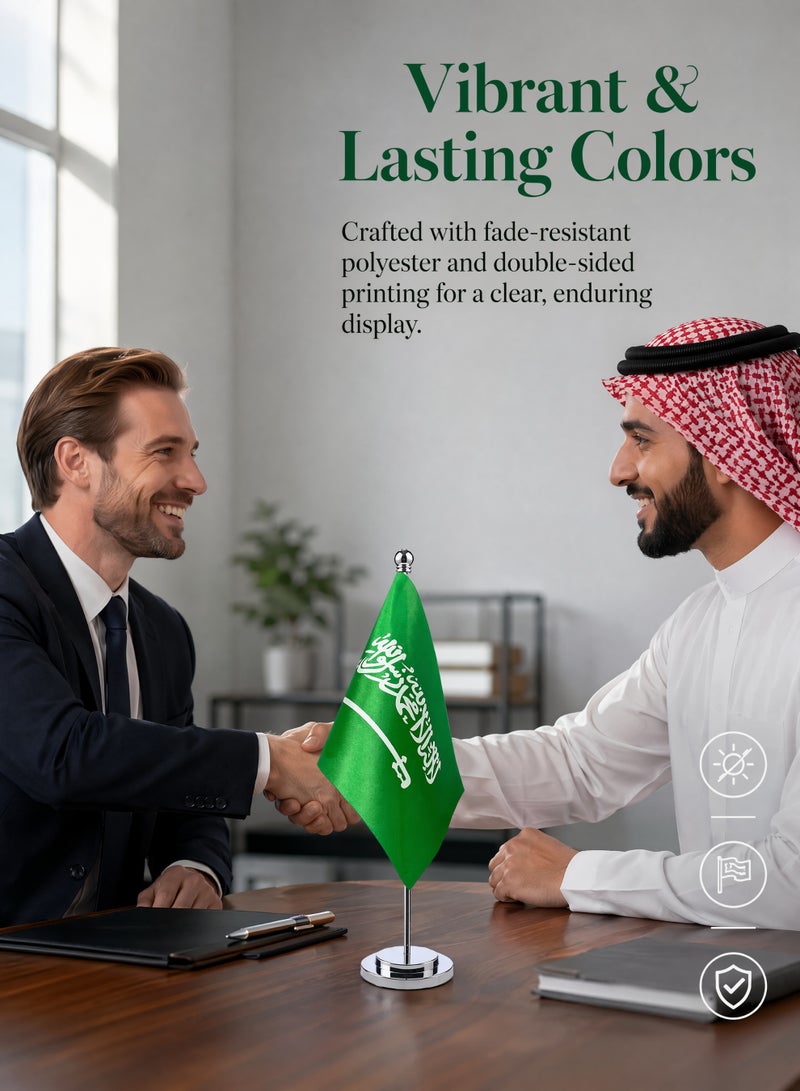علم سعودي لسطح المكتب بقاعدة فضية فاخرة من DeluxeUSA - أعلام طاولة للمملكة العربية السعودية، علم سعودي صغير جدًا على عصا لسطح المكتب مع قاعدة، ديكور لحفلات المهرجانات الدولية وحفلات المملكة العربية السعودية، ديكور لسطح المكتب المنزلي - Image 3
