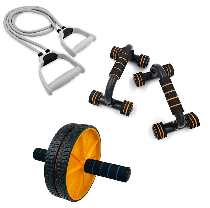 LIVOX Dual Wheel Abs Roller Double Toning Resistance Tube Band with Push Up Bar Stand Gym Kit Combo for Men Women Gym Exercise Equipment Set for Home Workout - Image 1