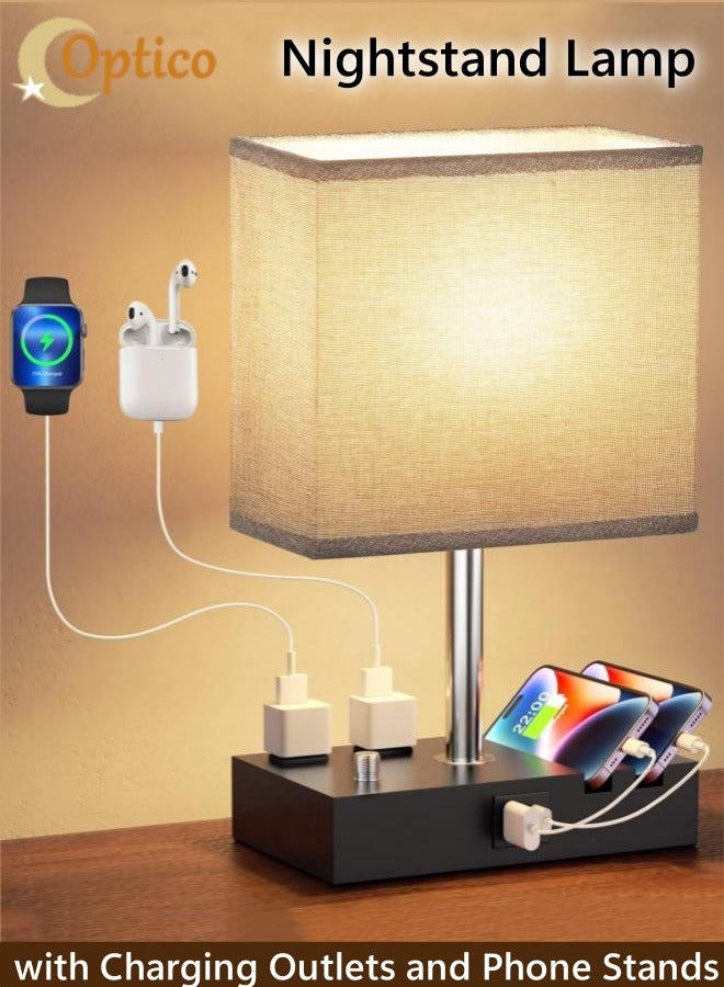 Optico Nightstand Lamp, Fully Dimmable Table Lamp Bedside Lamp Desk Lamp with Charging Outlets and Phone Stands, LED Bulb Included Black - Image 1