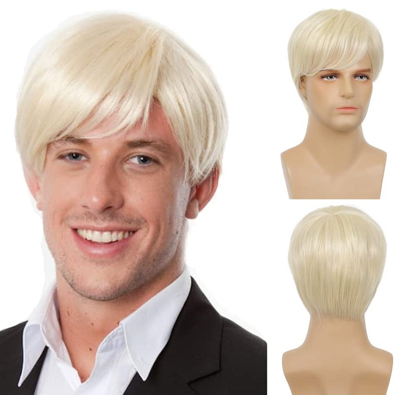 Baruisi Blonde Short Wigs for Men Synthetic Straight Layered Halloween Cosplay Hair Wig for MaleLight Blonde
