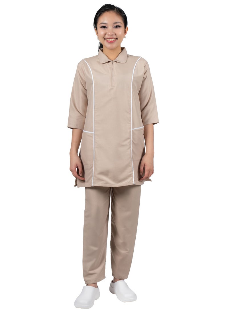 Professional Housemaid/Khadama/Nanny Uniform Set, 3/4 Sleeve Tunic with White Piping,with Matching Trousers
