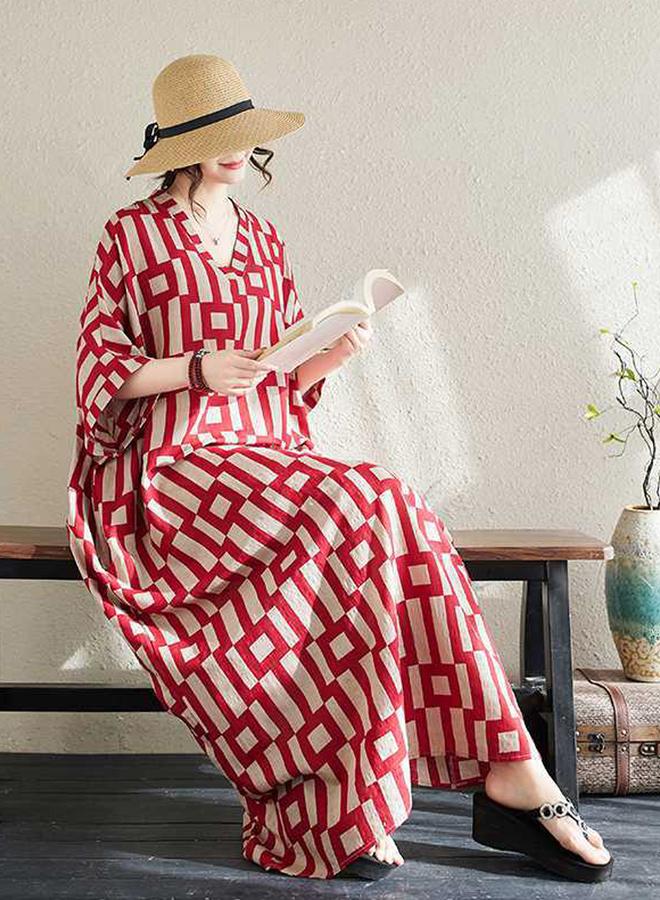 Take Two Women Geometric Print V Neck Short Sleeve Kaftan - Image 3