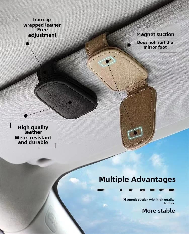 JVCV حامل نظارات شمسية JVCV® لحزمة واحدة لمرآة السيارة - حامل نظارات جلد مغناطيسي ومشبك بطاقة تذكرة - ملحقات مرآة السيارة (بيج) - Image 4