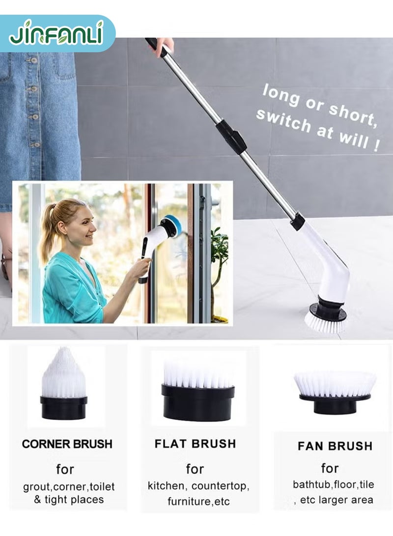 JINFANLI Electric Spin Scrubber, Household Cleaning Brush Scrubber, 400RPM/Minute - 9 Replaceable Brush Heads - 90 Minutes of Working Time, Adjustable Size, 2 Adjustable Speeds, for Bathroom Showers (White) - Image 2