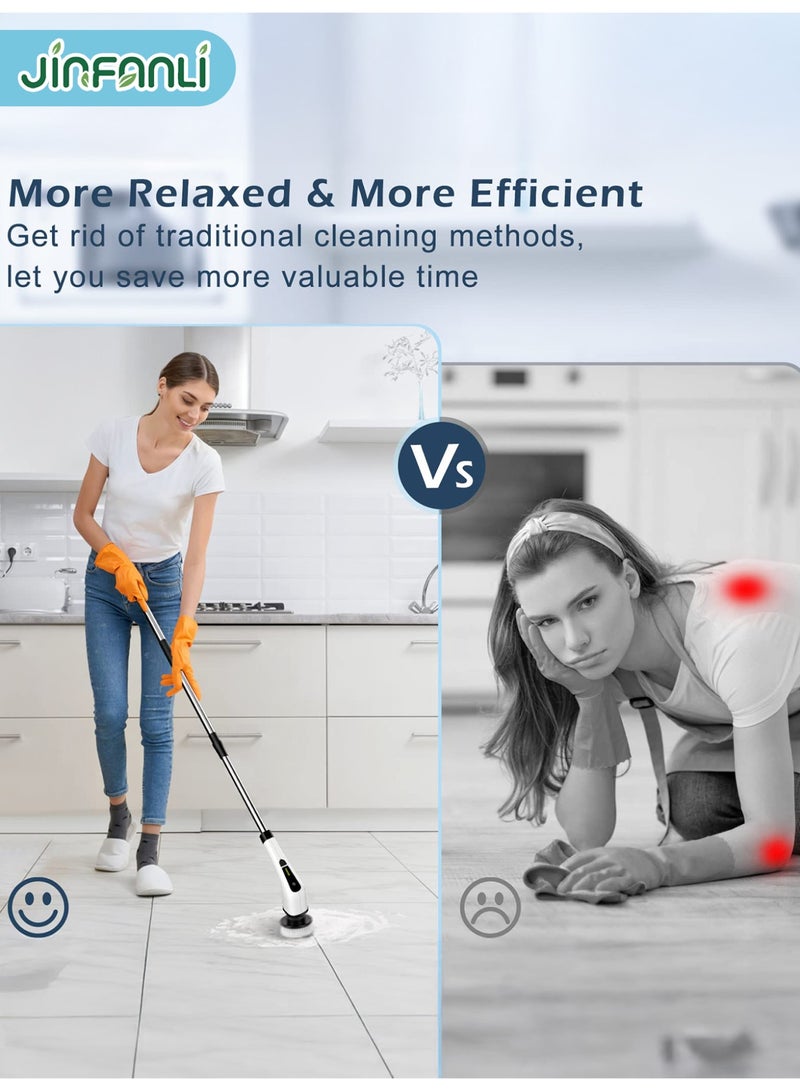 JINFANLI Electric Spin Scrubber, Household Cleaning Brush Scrubber, 400RPM/Minute - 9 Replaceable Brush Heads - 90 Minutes of Working Time, Adjustable Size, 2 Adjustable Speeds, for Bathroom Showers (White) - Image 3