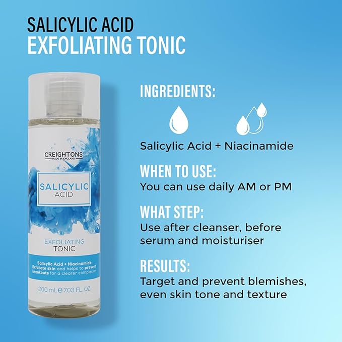 Creightons Salicylic Acid Exfoliating Tonic 200ml Reduces Blemishes Uneven Skin Tone Texture 1 Salicylic Acid 1 Niacinamide Dermatologically Tested Vegan CrueltyFree - Image 3